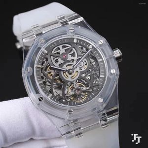 Relógios de pulso relógio homens moda clássico branco azul plástico automático mecânico safira vidro transparente volta 43mm relógios
