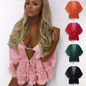 Bikini täcker 2021 kvinnor ruffles strandkläder badkläder kaftan damer sommar solskyddsmedel mini sundress strand täckning baddräkt sarongs326z