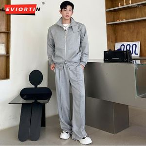 Men's Tracksuits Fashion Men Streetwear Solid Loose Stand Neck Long Sleeve Double Head Zipper Coats Korean Stylish Casual Straight Suits