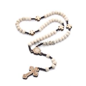Pendant Necklaces White Wooden Beads Cross Necklace Religious Jewelry Catholic Rosary Necklace Orthodox Christ Prayer Beaded Necklace Dropshipping x1009