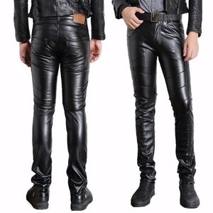 Pantaloni da motociclista in ecopelle nera intera da uomo Pantaloni da motociclista in PU per uomo Pantaloni a matita slim fit moda248T