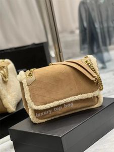 Fashion Bags Flap straddle bag Lamb Wool Shoulder bag Suede women's Handbag Metal letter magnetic clasp pocket Leather gold chain can be playable with clutch