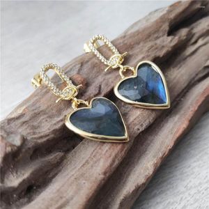 Orecchini pendenti FUWO Commercio all'ingrosso zircone cubico labradorite placcato oro gioielli in pietra sfaccettata a forma di cuore ER475CZ 5 paia / lotto