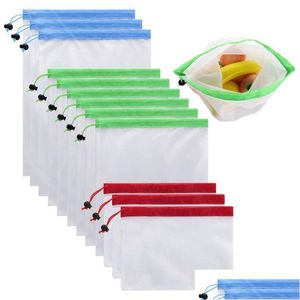 Storage Bags Reusable Mesh Produce Bags 12Pcs Fruit Vegetable Double Stitched Dstring For Home Shop Storage Home Garden Housekeeping O Dhc7T