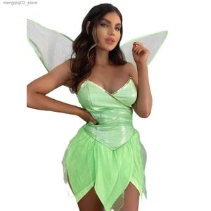 Tematdräkt damer Halloween Forest Fairy Come Sexig solid färg V-ringning Backless paljett Tubs Tops Oregelbunden ruffle Kort klänning med Wings Q231010