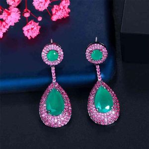 Cwwzircons Micro Pave Pembe Kübik Zirkonya Yeşil Emerald Dangle Su Damlası Gümüş Nişan Partisi Küpe Kadınlar için CZ868 210624283y