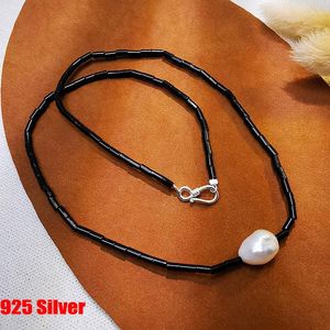 Anhänger 925 Splitter Schwarz Achat Halskette Für Frauen Große Weiße Barocke Perle Charme Natürliche Süßwasser Halsband Minimalistischen