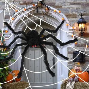 Sonstiges Partyzubehör für Veranstaltungen, 150/200 cm, schwarze gruselige Riesenspinne, riesiges Spinnennetz, Halloween-Dekoration für Zuhause, Bar, Spukhaus-Requisiten, Feiertags-Außendekoration Q231010