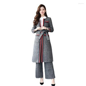 Damen-Trenchcoats, modischer Hosenanzug mit weitem Bein, Mantel für Herbst/Winter 2023, lange Woll-Windjacke, zweiteilig