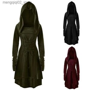 Tema dräkt vintage kvinnor cosplay medeltida renässans bågskytt kommer huva mantel snörning pullover lång hoodie klänning kappa halloween fest q240307