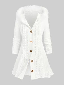 Women's Sweaters ROSEGAL Plus Size Cardigan Women White Faux Fur Hooded Sweater 4XL Female Autumn Winter Casual Cable Knit Longline Cardigans Top 231009