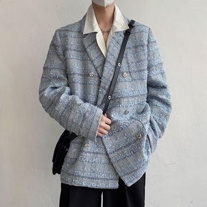 Men's Suits Autumn Retro British Style Colorful Tweed Double-breasted Off-shoulder Jacket Loose Casual Jackets Blazers Male Clothes