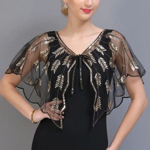 Tücher Retro 1920er Jahre Perlen Pailletten Schal Vintage Flapper Abend Cape Sheer Mesh Stickerei Blatt Frauen Bolero Party Zubehör 231010