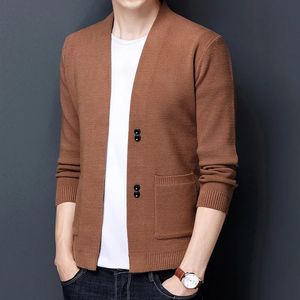 Suéteres masculinos primavera outono a marca masculina moda negócios casual cor sólida vneck malha cardigan camisola masculina coatss3xl y231010