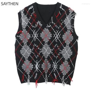 Kvinnors tröjor Saythen 2023 Autumn/Winter Pullover Tröja Kontrast V-ringning FRANTE PANEL LOOK VINTAGE KNITED TOP VEST ST23729