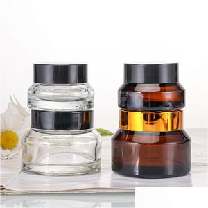 Cream Jar Wholesale Amber Glass Cream Jars 15G 30G 50G Cosmetic Refillable Bottles With White Inner Liners And Black Gold Lids Office Dh2Jm