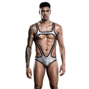 Conjunto sexy masculino brilhante metálico corpo peito arnês wrestling singlet collant bodysuit roupa interior 177k