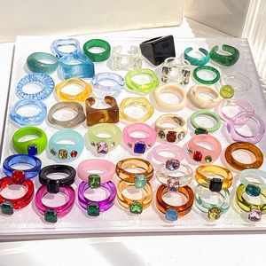 Zestawy biżuterii ślubnej Jeśli ja kolorowy przezroczysta żywica kryształ akrylowy proste geometryczne kwadratowe okrągłe pierścienie dla kobiet modne 231009