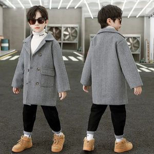 Coat Boy Woolen 2023 Autumn Winter Jacket Fashion Turn Collar Solid DoubleBreasted Children's Outerwear Trench High Quality 231009