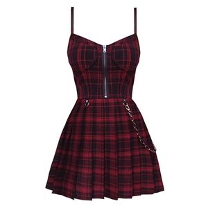 Casual Dresses Gothic Girls Plaid Pleated Punk Dress Preppy Style Red Black Spaghetti Strap Sexig ärmlös mini Short Goth Street270T