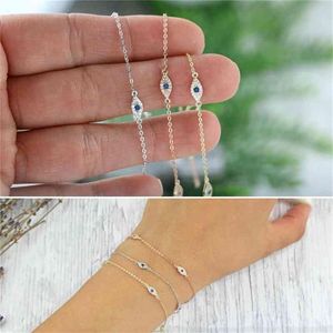 100% 925 Sterling Silver Söt härlig Blue White Cz Evil Eye Link Minimal Delicate Thin Chain Women Girl Aderable Armband273R