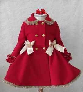 Coat 112y Bebek Kız Sonbahar Kış Handmand Özelleştirilmiş İngiltere İspanyol Kırmızı Prenses Yün Noel Gündelik 231009