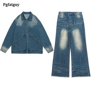 Sıradan Gevşek Erkekler 2pcs Setleri Vintage gradyan fermuar denim ceket ve düz tüp kot pantolon sonbahar hip hop trend sokak kıyafetleri m-5xl