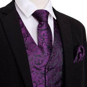 Men's Vests Purple Men Waistcoat Vest Party Wedding Handkerchief Tie Classic Paisley Floral Jacquard Pocket Square Suit Set B259V