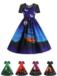 Tema traje goth trajes de halloween vintage vestido feminino robe 2023 novo o-pescoço manga curta preto renda retalhos vestidos de festa impresso a-line x1010