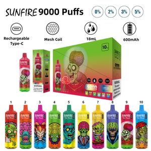 Partihandel Factory Sunfire 9000Puffs Disponerbar VAPE -styrka 0% 2% 3% 5% PULD 9000 9K Elektronisk cigarett 18 ml vagnar Förfylld Vaper Tillverkare Drop Shipping Vape