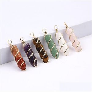 Charms Gold Wire Wrap Natural Stone Green Pillar Shape Chakra Pendants For Jewelry Making Wholesale Handmade Craft Bk Drop Delivery Dhzvi