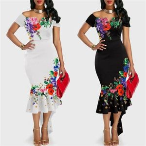 Vestidos casuais mulheres senhoras fishtail plissado vestido sexy mulher elegante floral impressão estiramento bodycon longo maxi311v