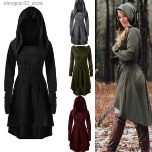 Tema traje medieval mulheres arqueiro vem manga longa com capuz pixie cosplay vestido renascentista femal caçador larp robe bandagem plus size s-4xl q231010