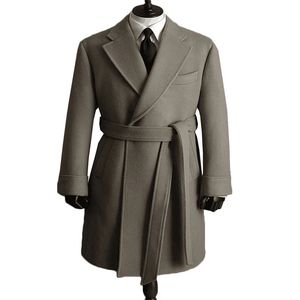 Men's Wool Blends Solid Handsome Men Suits With Belt Thick Fashion Custom Made Long Coat Light Grey Lapel Business Jacket 231009