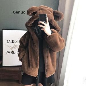 Womens Fur Faux Winter Thick Plush Kawaii Cute Hooded Brown Bear Ears Imitation Rex Rabbit Short Zipper Jacket Women 231010