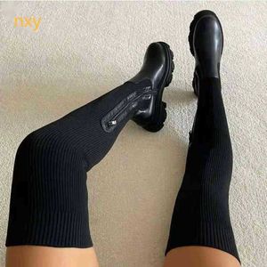 Women Boots Autumn Winter Thick Soled Over Knee Boot Elastic Flying Knitting Wool High Tube Round Head Breathable Single Shoes 0709