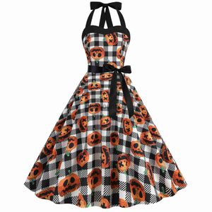 Temadräkt 2023 Robe Halloween Cosplay Gothic Dress Women Costumes Sexig grimma Plaid Pumpkin Print Retro Party Dresses Pinup Swing sundress x1010