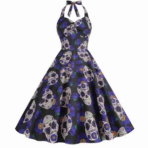 Theme Costume Sexy Halter Strapless Gothic Retro Rave Party Dresses Women 2023 Robe Swing Skull Print Scarey Halloween Costumes Midi Vestidos x1010