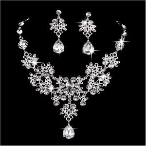 Set di gioielli da sposa 6 colori Set di gioielli da sposa in cristallo Bling da donna Set di gioielli da sposa con diamanti Sier Collana con orecchini pendenti per la sposa Dhf2L