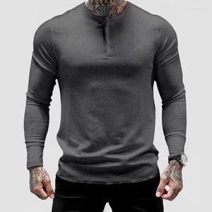 Men's T Shirts Solid Color Fitness Long Sleeve T-shirt Elastic Comfortable Sports Top Thirt Autumn Button Callor Tshirt Clothing For Man