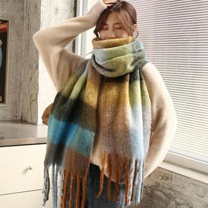 Шарфы 2021, модный женский шарф из искусственного кашемира, теплый контрастный клетчатый шарф, зимняя шаль, пашмина, с длинной кисточкой, женское толстое одеяло307H