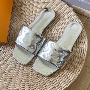 luxury Shake Flat Mule sandal Gold Metallic lambskin designer woman ladies flat slippers summer outside lady slide shinny Leather high heel shoe 08