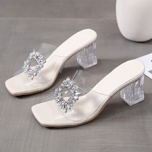 Dress Shoes Jelly Summer Slippers Mid Heels Sandals Pumps Crystal Rhinstone Slides Woman