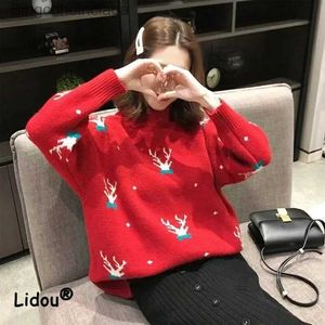 Women's Sweaters Red Christmas Sweater Loose Casual Lazy 2022 Women Autumn Korean Half High Collar Long Sleeve Comfortable All-match TopL231010