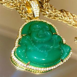 18k Gold Plated Finish Green Jade Lab Simulated Diamonds Laughing Buddha Iced Out Pendant Necklace CZ Jewelry273g