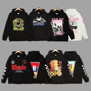 メンズフーディーデザイナーRhude Hoodiesレタープリントプルオーバースウェットシャツ緩んだ長袖フード付きレトロハイストリートフルジップアップフーディジャケットメンコット