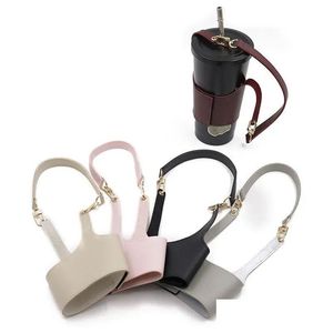 Drinkware Handle Creative PU Leather Coffee Cup Holder Pouch Carrier med handtag ärman anpassad för resor utomhusaktivitet 916 Hem GA DHVQX