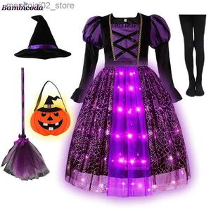 Thema-Kostüm, glitzernde Hexe, Halloween, für Mädchen, beleuchtet, lila, langes Kleid für Kinder, Karneval, Cosplay-Outfit mit Besenhut, Q240307
