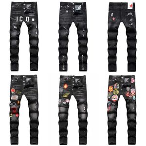 D2 Erkekler İçin Tasarımcı Kot Pantolon DSQ2 Modeli Hip-Hop Yırtık Pantolon Siyah Dijital Baskılı Orta Rise Küçük Düz Bacak Denim Pantolon Erkek Kot Tasarımcıları Pantolon