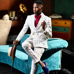 White Checked Wedding Tuxedos Double Breasted Mens Suits 2 Pieces Sets Blazers For Groom Peaked Lapel Formal Suit With Jacket And Pants